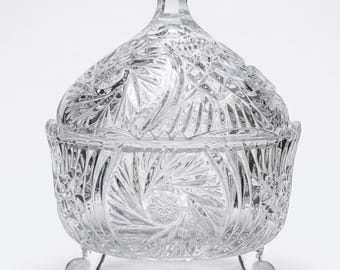 Vintage Cut Crystal Candy Dish with Lid, Footed Crystal Bonbon Jar, Covered Crystal Bowl