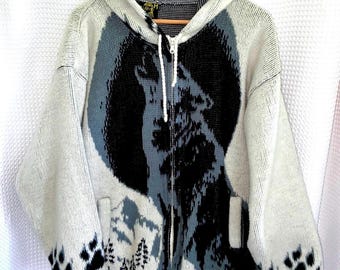 90s wolf design zip up Hoodie knit oversized sweater size XL