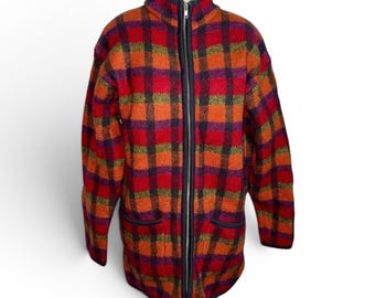 Vintage 1970s Wool Plaid Coat Red Orange Zip Front Women’s Large