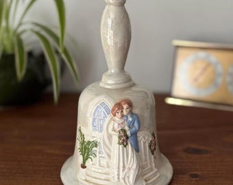 Vintage Wedding Bell Handmade Hand Painted Ceramic Cake Topper 1982 Bride Groom