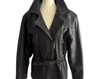 Vintage Black Leather Moto Jacket Women’s Large Belted Made in Canada