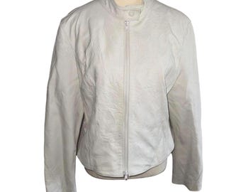 Vintage White Leather Jacket OXYHO Italy Y2K Moto Zip Up Women’s Large