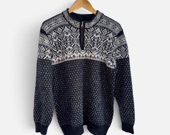 Vintage 100% Wool Sweater black and white Nordic Fair Isle Quarter Zip size Large