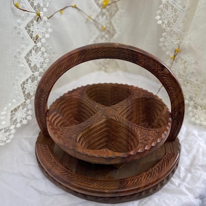 Vintage wooden folding basket hand-carved fruit tray with swivel compartments