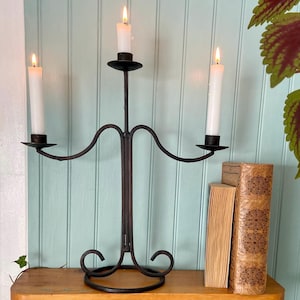 Hand forged iron candelabra 3 arm taper candle holder wrought iron candle stand rustic farmhouse vintage decor