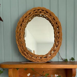 Vintage oval wicker mirror natural rattan small boho wall decor