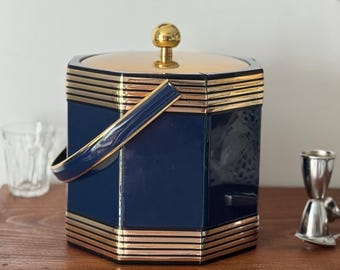 Kraftware Ice Bucket Navy Blue & Brass Barware Vintage Vinyl Ice Bucket with Bar Tools