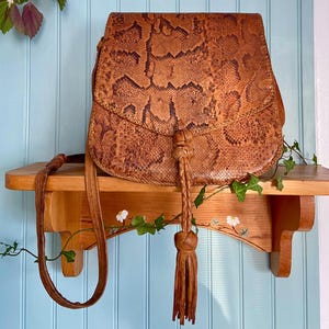 Vintage 1970s genuine snakeskin leather crossbody bag brown boho purse adjustable strap