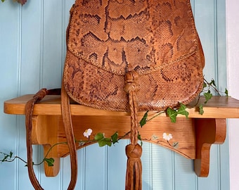 Vintage boho crossbody bag 1970s snakeskin leather tassels