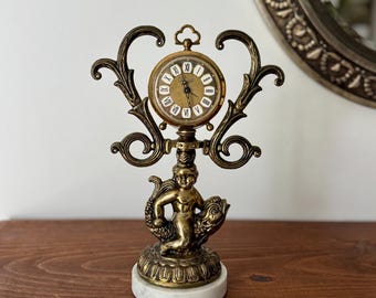 Vintage Brass Clock 1960s Blessing West Germany Hollywood Regency Marble Alarm Clock, works
