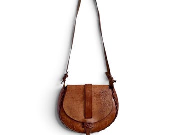 Vintage Tooled Leather Saddle Bag - Floral Boho Brown shoulder Purse