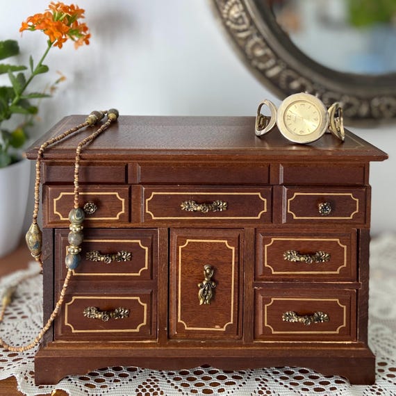 Vintage wood jewelry box mid century jewelry chest with drawers and ring holder