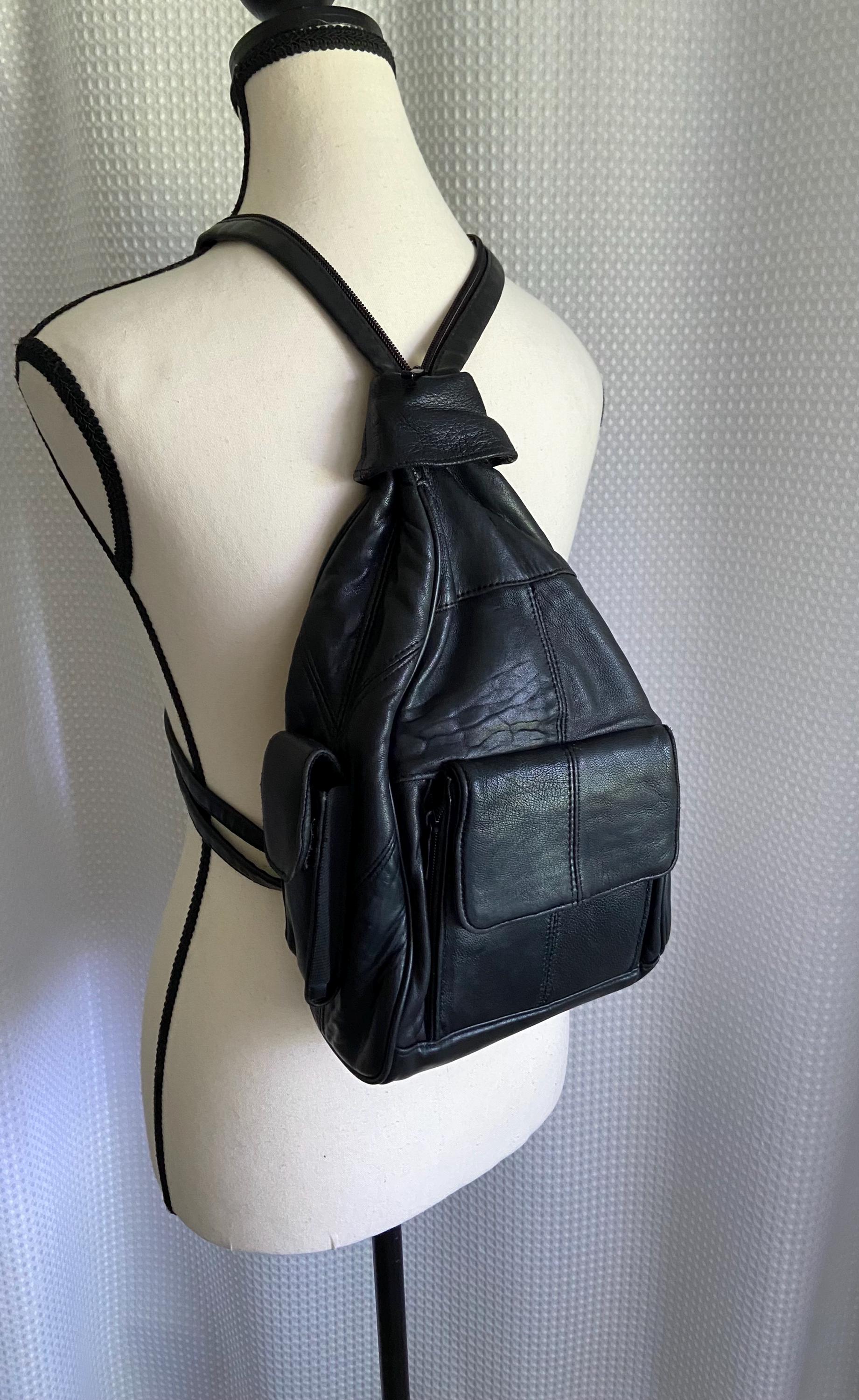Vintage Leather Sling Backpack Y2K Convertible Black 