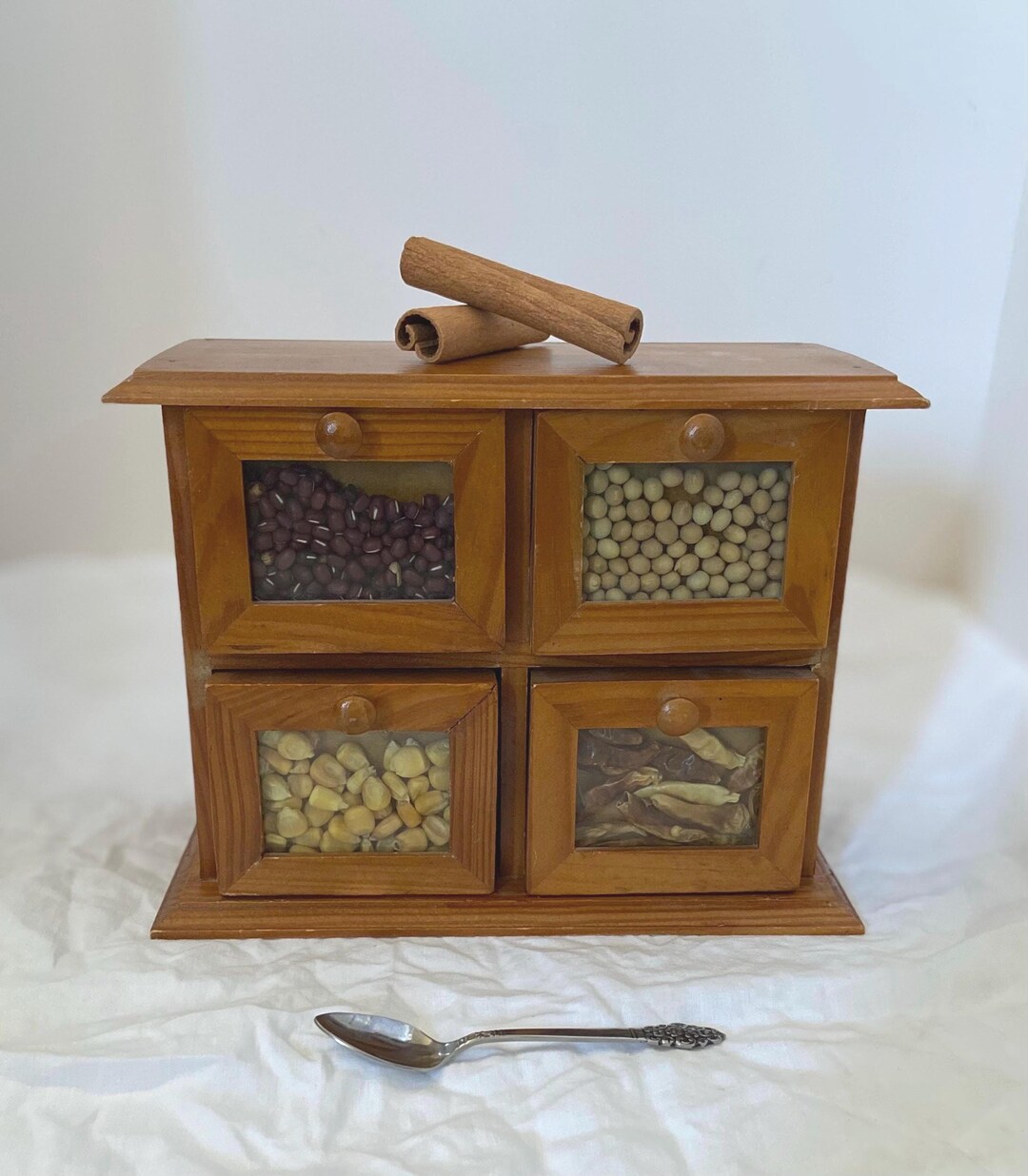 Vintage Wooden Spice Drawer Cabinet – 4 Small Drawers – Rustic Natural ...