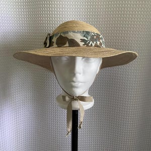 Vintage straw hat floral band bow wide brim sun hat LORIANN