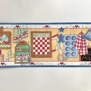 Vintage 90s Country Kitchen Wallpaper Border 9 meters – Folk Art, Hearts & Checkerboard, 2 rolls