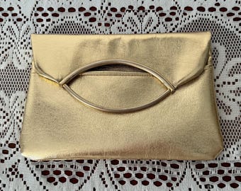 Vintage 1960s Gold Evening Bag Metallic Clutch Convertible Top Handle Purse