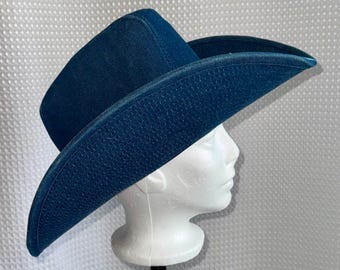 Vintage Lanning Denim Blue Cowboy Hat Made in Korea, Western Cowgirl Hat, Wide Brim, Retro Rodeo Style