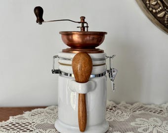 Vintage Coffee Grinder Ceramic Canister Hand Mill and Wooden Spoon
