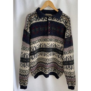 Vintage Shetland wool Nordic sweater men’s size L polo collar wooden buttons