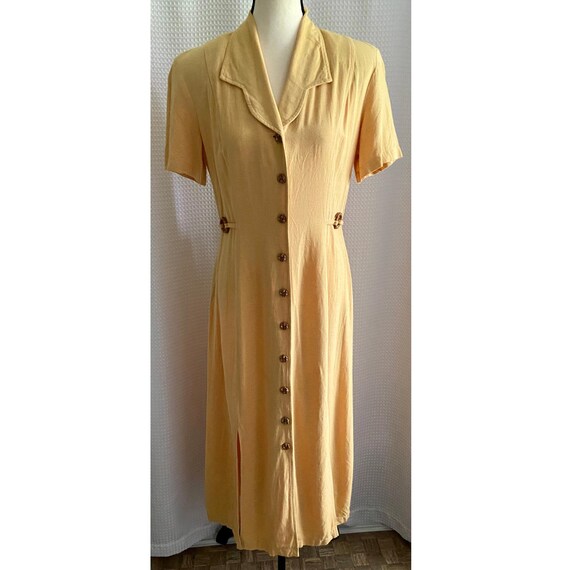Vintage 90s Linen Blend Midi Dress: Golden Yellow Button Front size 10