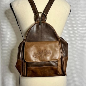Y2K faux leather backpack brown floral embossed convertible bag