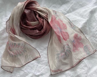 Vintage Hand Painted Cléo Silk Scarf, Metallic floral Muted Pink