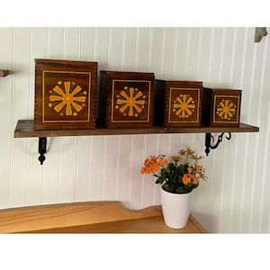 Vintage Nesting Retro Wooden Canister Set Kitchen countertop storage 70s Mod Sunburst