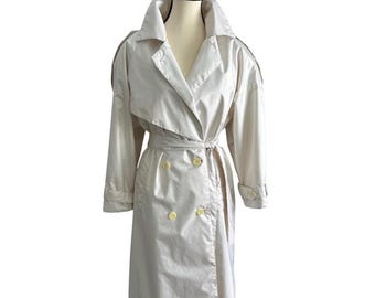 Vintage white trench coat, 1980s chic belted midi retro raincoat, women’s size 6