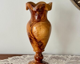 Vintage Wood Vase Scalloped Rim Varnished Turned Wood Decorative Vase