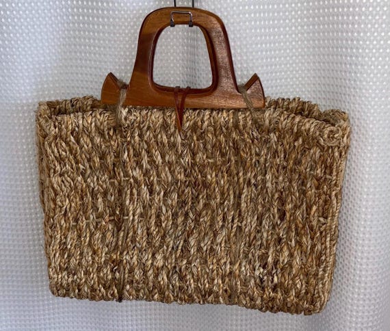 Vintage Woven Straw Tote Bag With Wood Handles Market Beach Bag