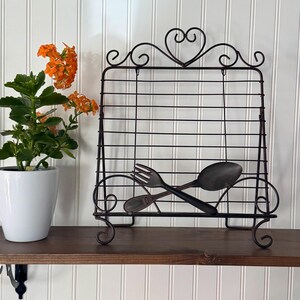 Vintage metal cookbook stand fork spoon scrollwork book holder | farmhouse kitchen decor