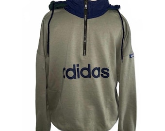 Vintage 90s Adidas Quarter-Zip Hoodie - Olive Green & Navy Gorpcore Pullover, Large