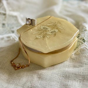 Vintage alabaster jewelry box floral carved lid creamy beige trinket vanity decor