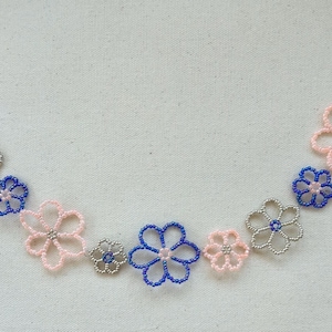 Beaded Blue, Silver, and Pink Flower Necklace | Multicored Flower Necklace | Handmade Beaded Necklace | Flower Necklace