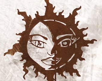 Metal Sun and Moon Wall Art or Garden Stake - Rust Patina Finish