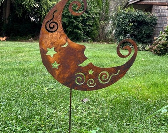 Crescent Moon Garden Stake, Rust Patina Celestial Yard Art