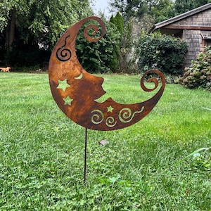 Estaca de jardín de luna creciente o arte de pared lunar, arte de jardín, metal, adorno de césped, decoración de patio, adorno de jardín, arte de jardín de metal
