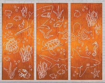 Set of 3 - Sea Scape Privacy Screens, Panel, Outdoor Privacy, Outdoor Metal Wall Art, Large Metal Wall Sculpture