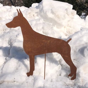 Doberman Pinscher Garden Stake: Rusty Metal Dog Lawn Ornament