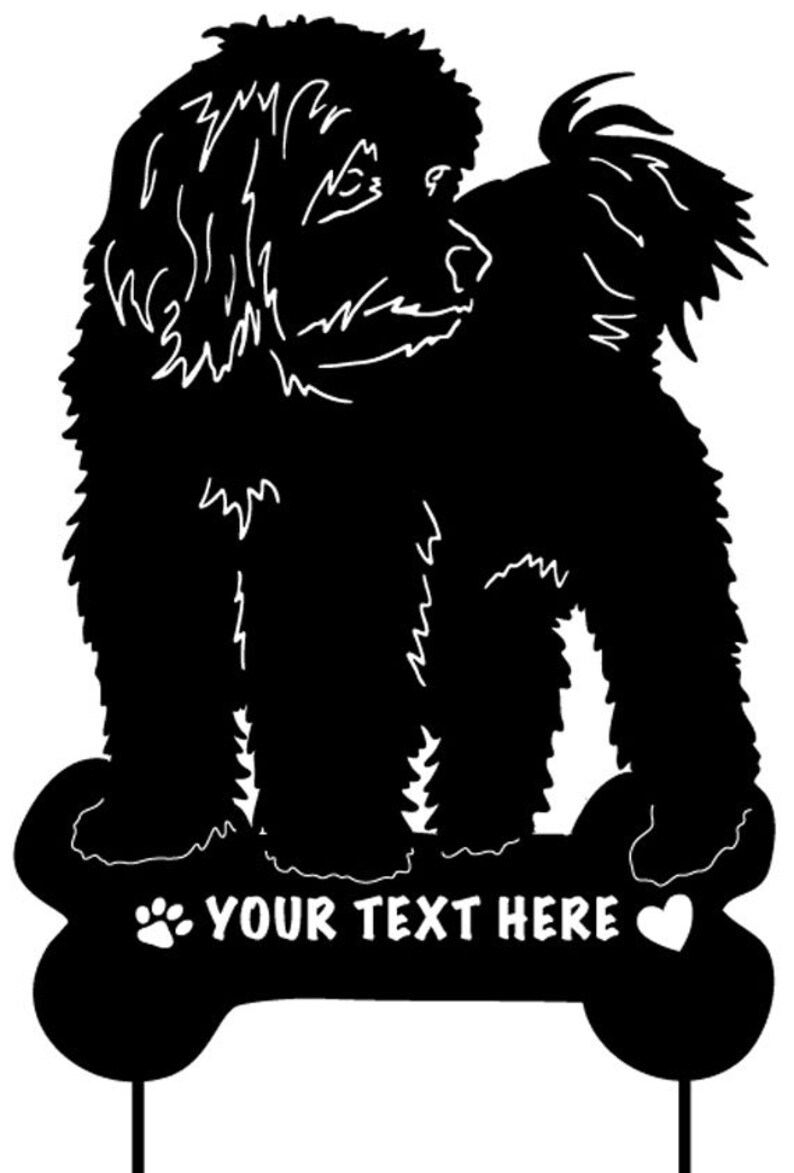 May include: Black silhouette of a dog standing on a bone-shaped sign with the text "YOUR TEXT HERE" and a paw print and heart.