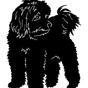 May include: Black and white silhouette of a fluffy dog standing with its tail curled up.