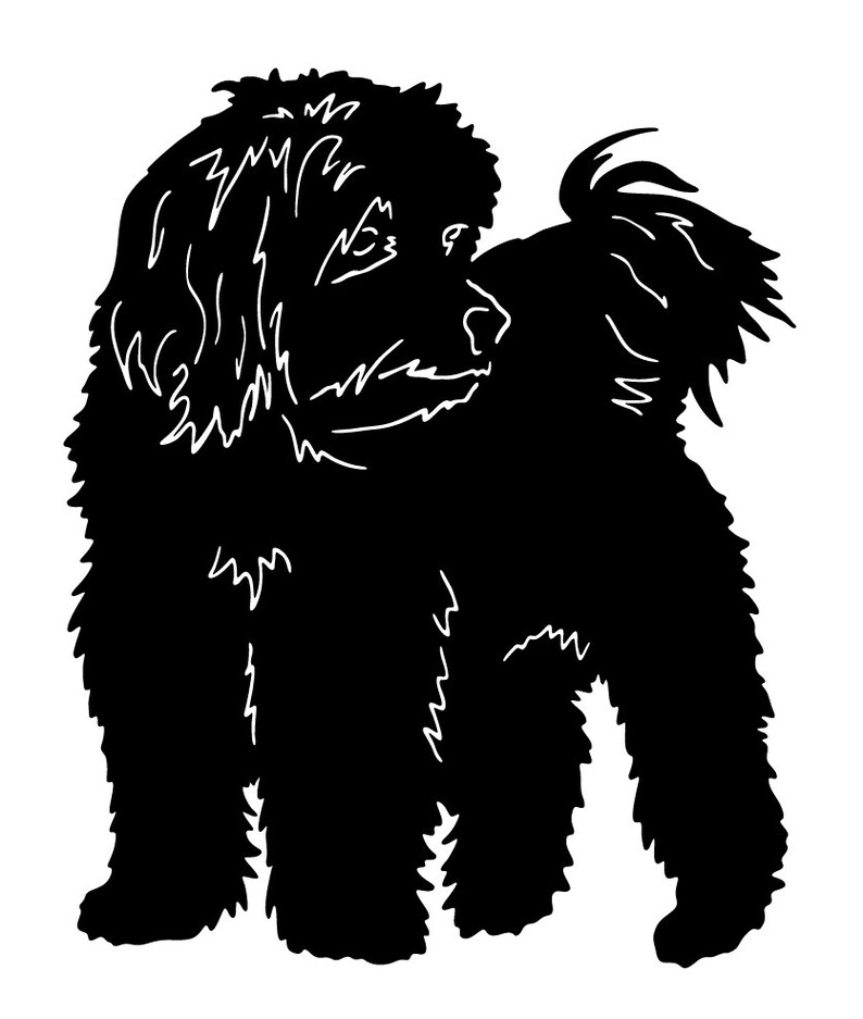 May include: Black and white silhouette of a fluffy dog standing with its tail curled up.