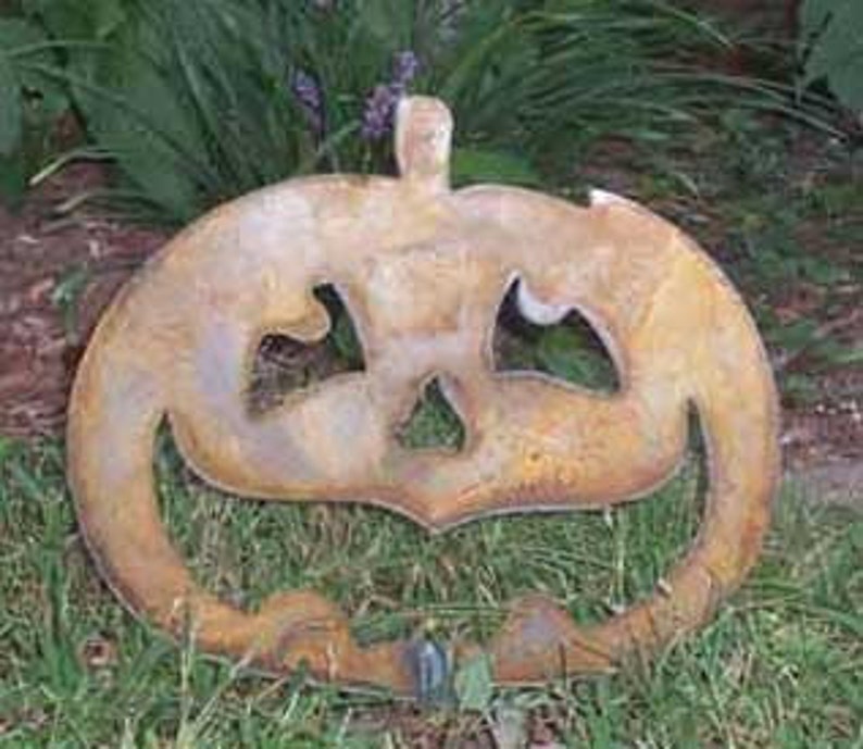 Pumpkin Garden Stake, Jack O Lantern, Outdoor Halloween Decoration, Rustic, Primitive image 1