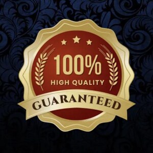May include: A gold and red badge with a laurel wreath and three stars. The badge says "100% High Quality Guaranteed".