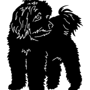 May include: Black silhouette of a fluffy dog with a curly tail. The dog is standing on all four legs and looking to the left.