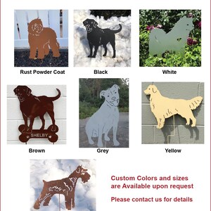 May include: A collage of metal dog silhouettes in various colors, including rust, black, white, brown, grey, yellow, and real rust. The silhouettes are displayed on a white background with the color names listed below each image. The text "Custom Colors and sizes are Available upon request. Please contact us for details" is displayed at the bottom of the collage.