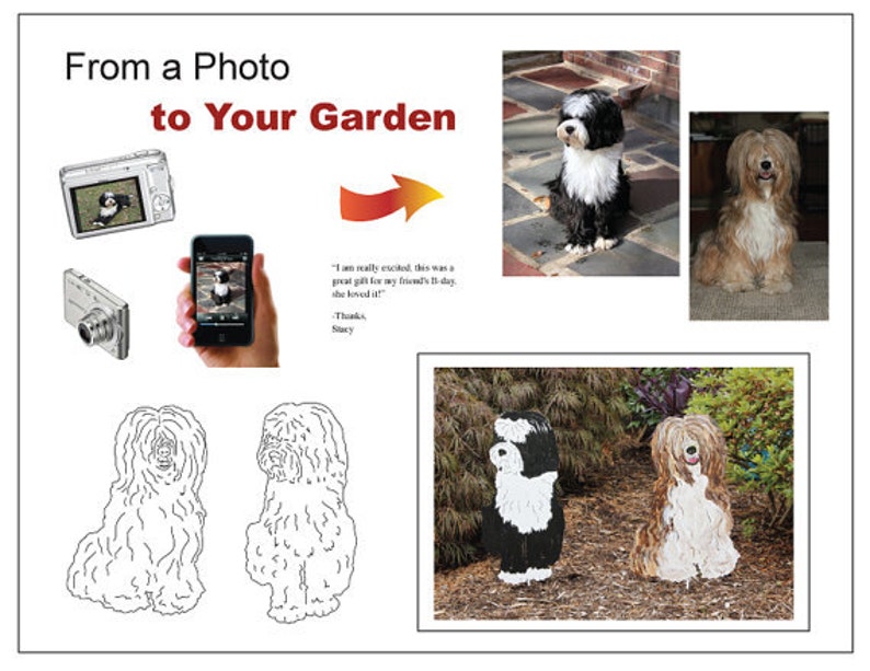 May include: A black and white dog statue with a fluffy tail and a black and white dog statue with a brown and white fluffy tail. The statues are standing on a bed of brown mulch and green plants.
