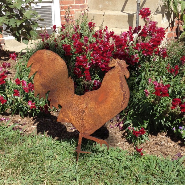 Rooster Garden Stake or Wall Art, Garden Art, Chicken, Hen, Metal, Rust, Lawn Ornament, Gift Idea, Lawn Art, Garden Ornament, Outdoor, Rust