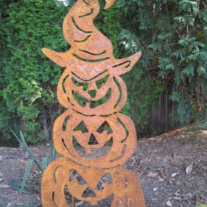 Three Stacked Pumpkins Garden Stake, Halloween Decoration, Jack O Lantern, Metal, Outdoor, Lawn Ornament